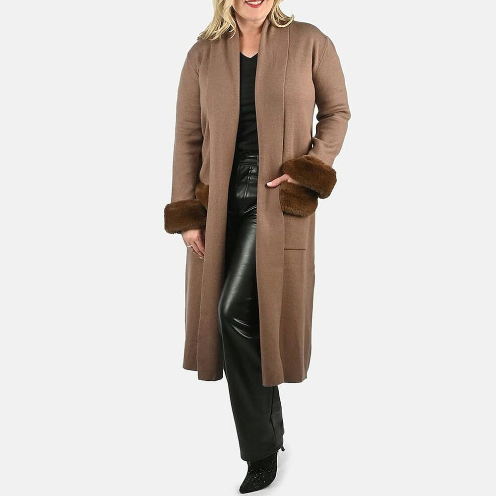 NWT Max sport open front knit sweater duster cardigan, mocha faux fur glam sz L